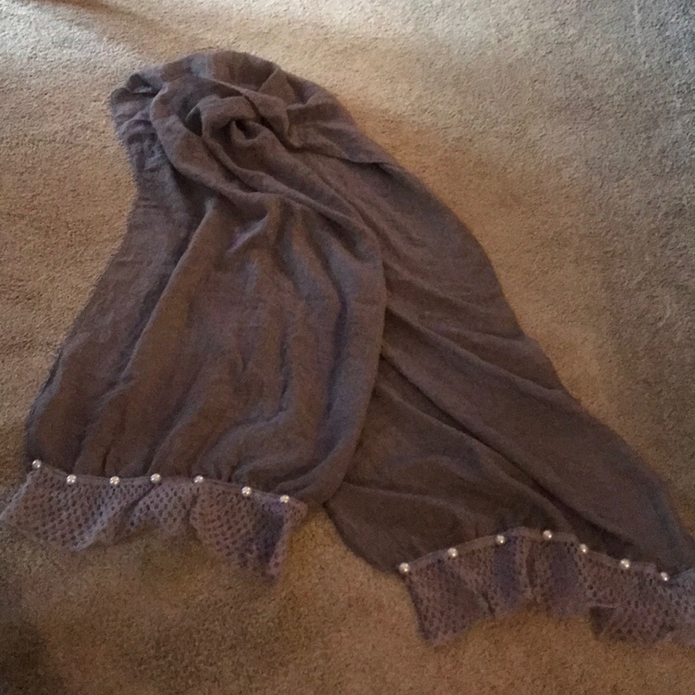 Taupe scarf with crochet/pearl accent fringe